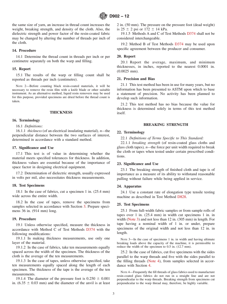 ASTM D902-12 - Standard Test Methods for  Flexible Resin-Coated Glass Fabrics and Glass Fabric Tapes Used for Electrical Insulation (Withdrawn 2020)