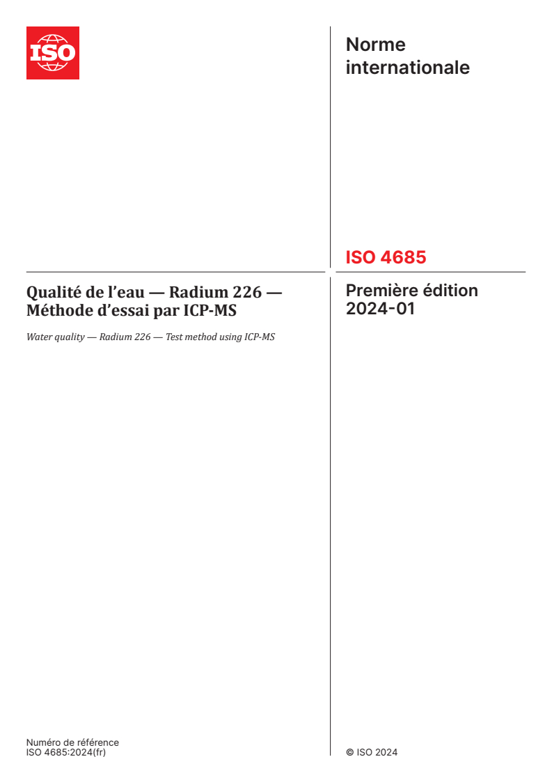 ISO 4685:2024 - Qualité de l’eau — Radium 226 — Méthode d’essai par ICP-MS
Released:9. 01. 2024