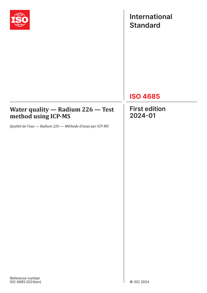ISO 4685:2024 - Water quality — Radium 226 — Test method using ICP-MS
Released:9. 01. 2024