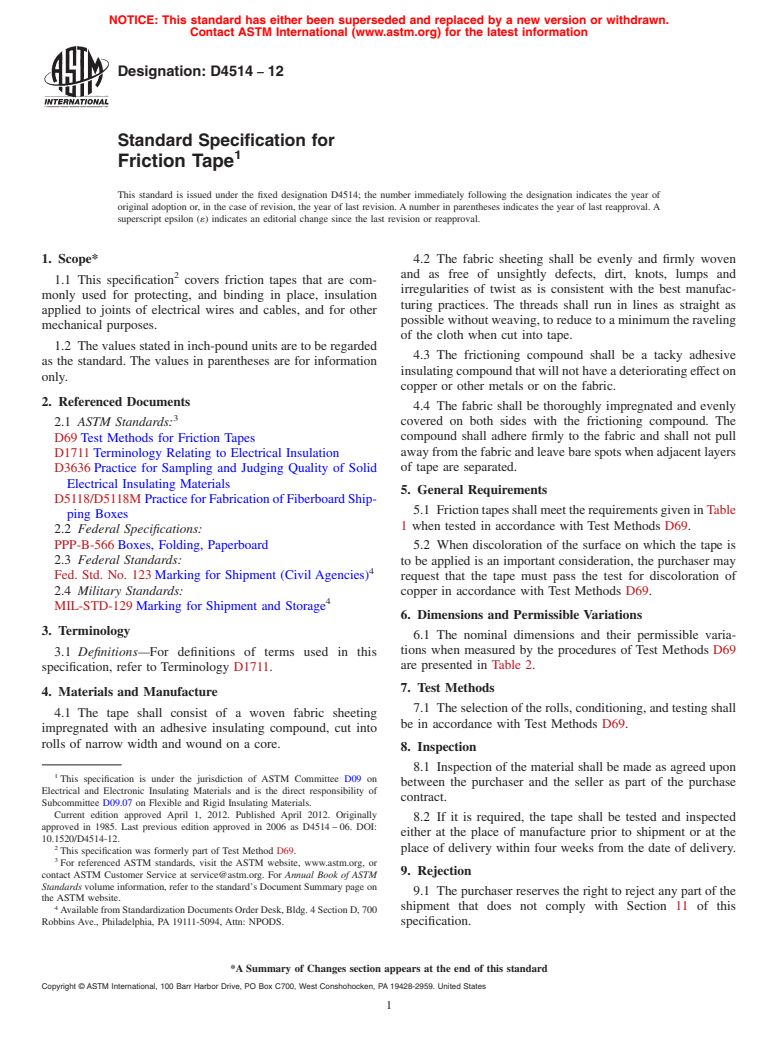 ASTM D4514-12 - Standard Specification for  Friction Tape (Withdrawn 2020)