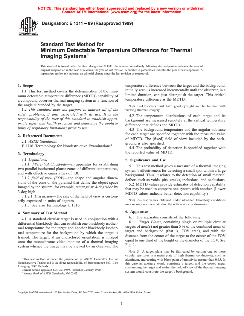 ASTM E1311-89(1999) - Standard Test Method for Minimum Detectable Temperature Difference for Thermal Imaging Systems