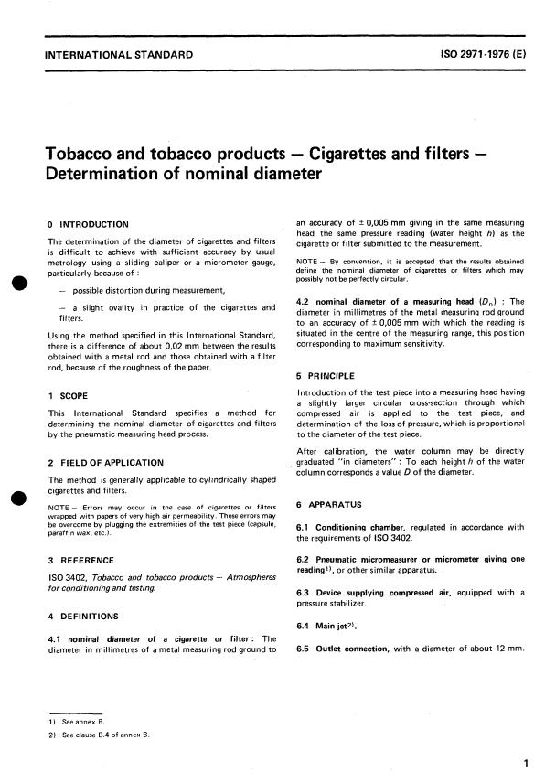 ISO 2971:1976 - Tobacco and tobacco products -- Cigarettes and filters  -- Determination of nominal diameter