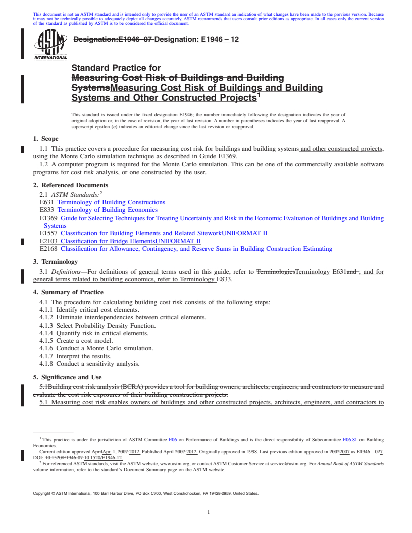 REDLINE ASTM E1946-12 - Standard Practice for Measuring Cost Risk of Buildings and Building Systems and Other Constructed Projects