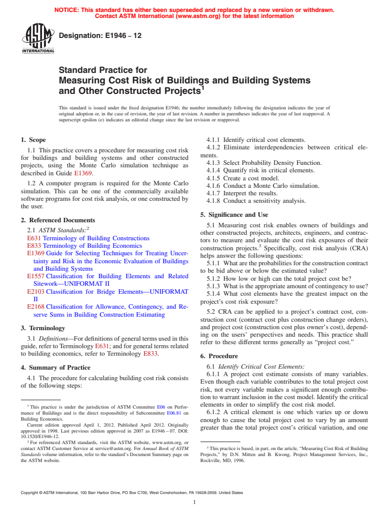 ASTM E1946-12 - Standard Practice for Measuring Cost Risk of Buildings and Building Systems and Other Constructed Projects