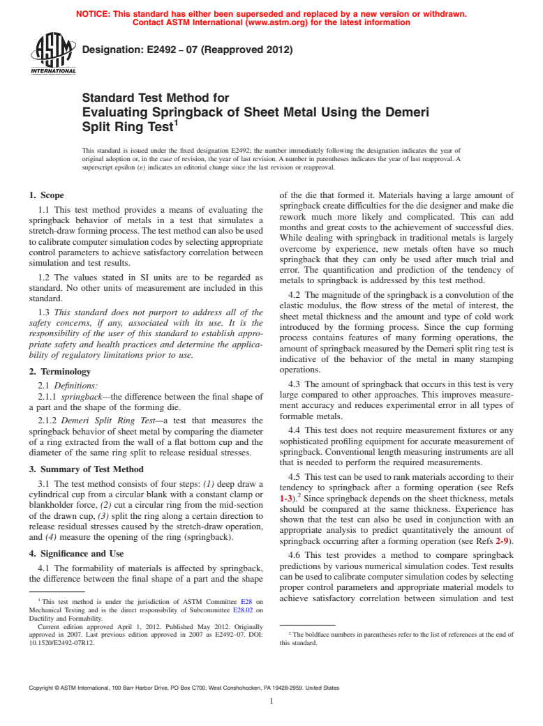 ASTM E2492-07(2012) - Standard Test Method for Evaluating Springback of ...