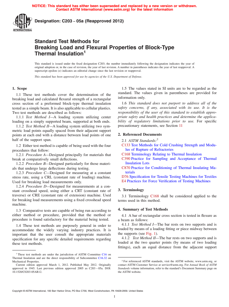 ASTM C203-05a(2012) - Standard Test Methods for  Breaking Load and Flexural Properties of Block-Type Thermal Insulation