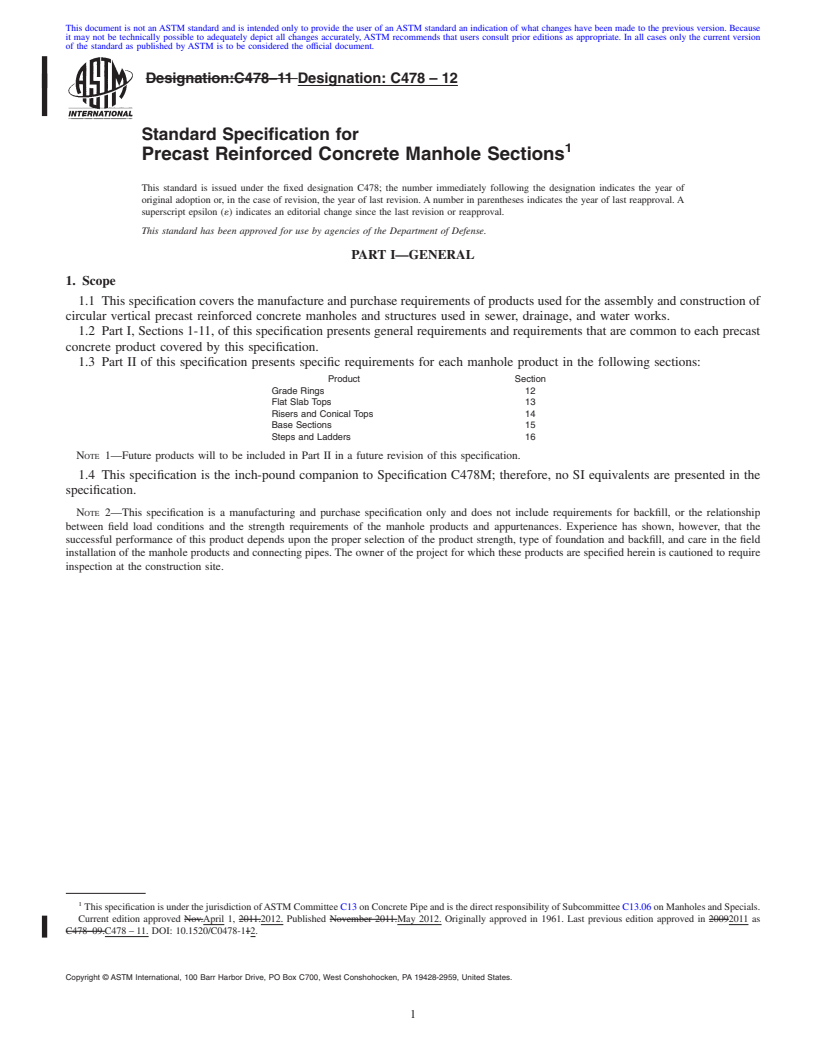 REDLINE ASTM C478-12 - Standard Specification for  Precast Reinforced Concrete Manhole Sections