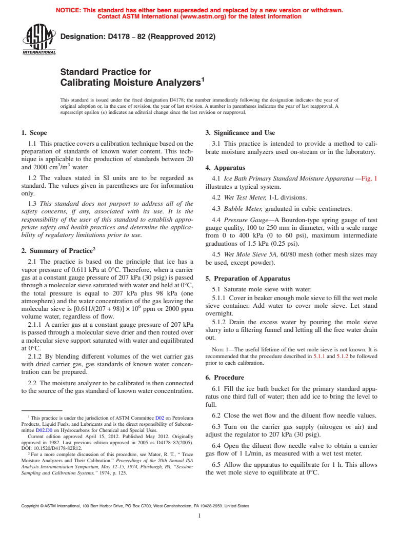 ASTM D4178-82(2012) - Standard Practice for Calibrating Moisture Analyzers