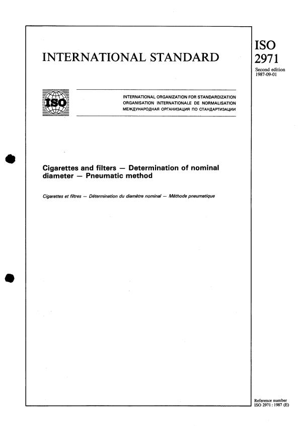 ISO 2971:1987 - Cigarettes and filters -- Determination of nominal diameter -- Pneumatic method