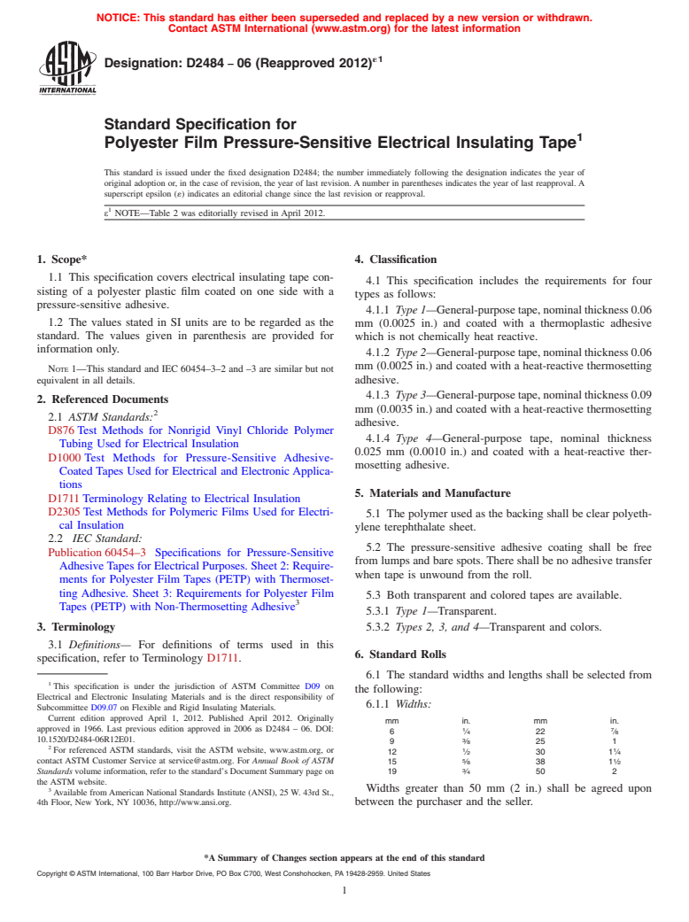 ASTM D2484-06(2012)e1 - Standard Specification for Polyester Film Pressure-Sensitive Electrical Insulating Tape (Withdrawn 2020)