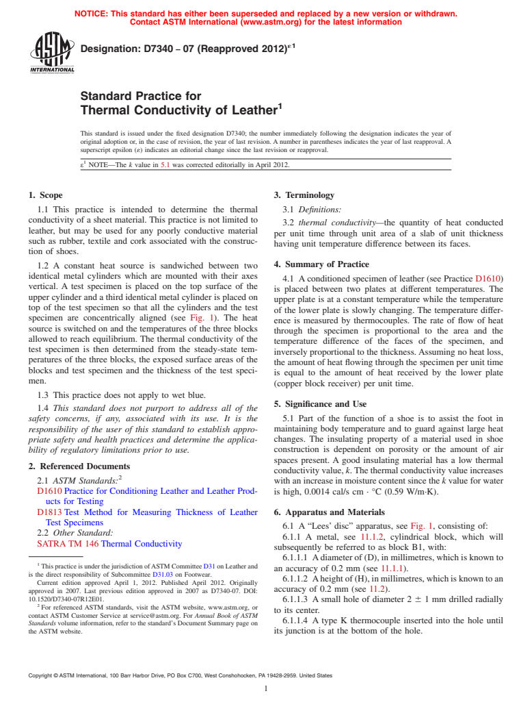 ASTM D7340-07(2012)e1 - Standard Practice for Thermal Conductivity of Leather