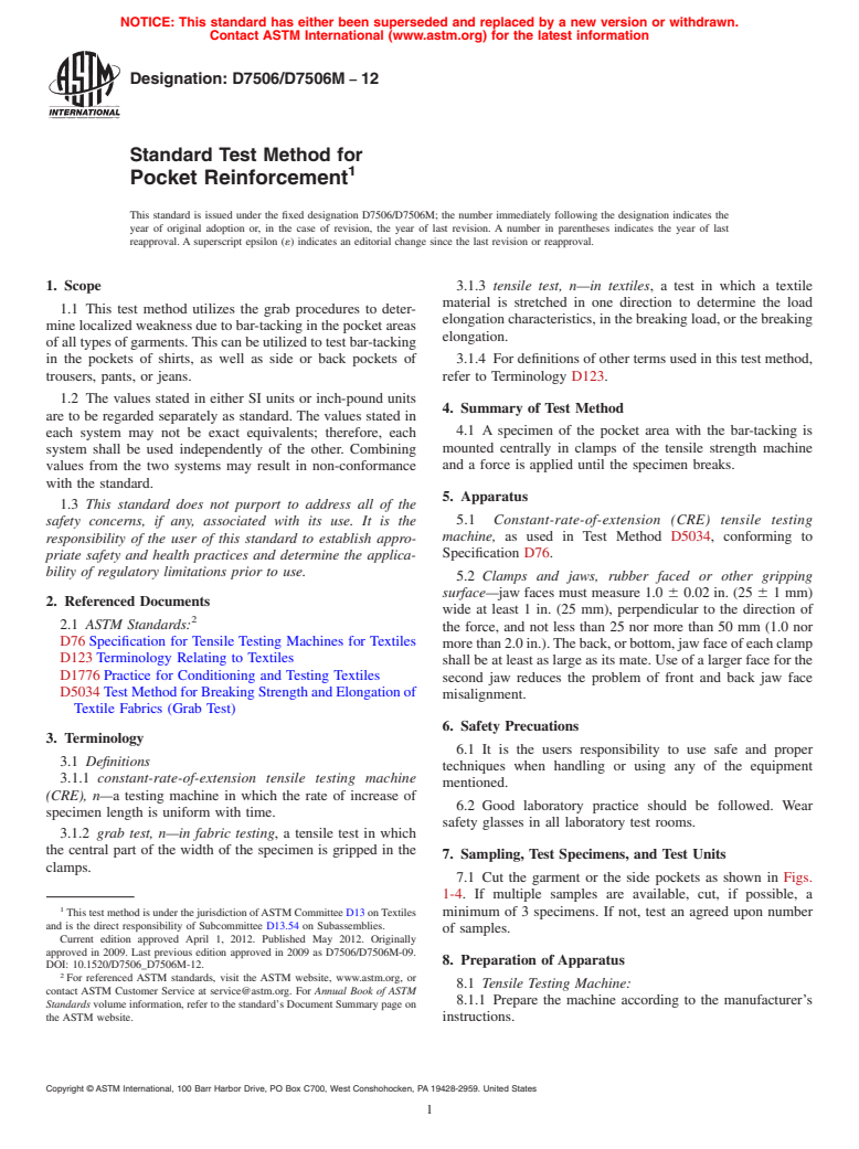 ASTM D7506/D7506M-12 - Standard Test Method for Pocket Reinforcement