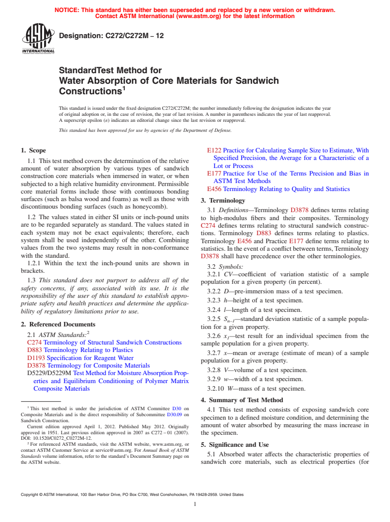 ASTM C272/C272M-12 - Standard Test Method for Water Absorption of Core Materials for Sandwich Constructions