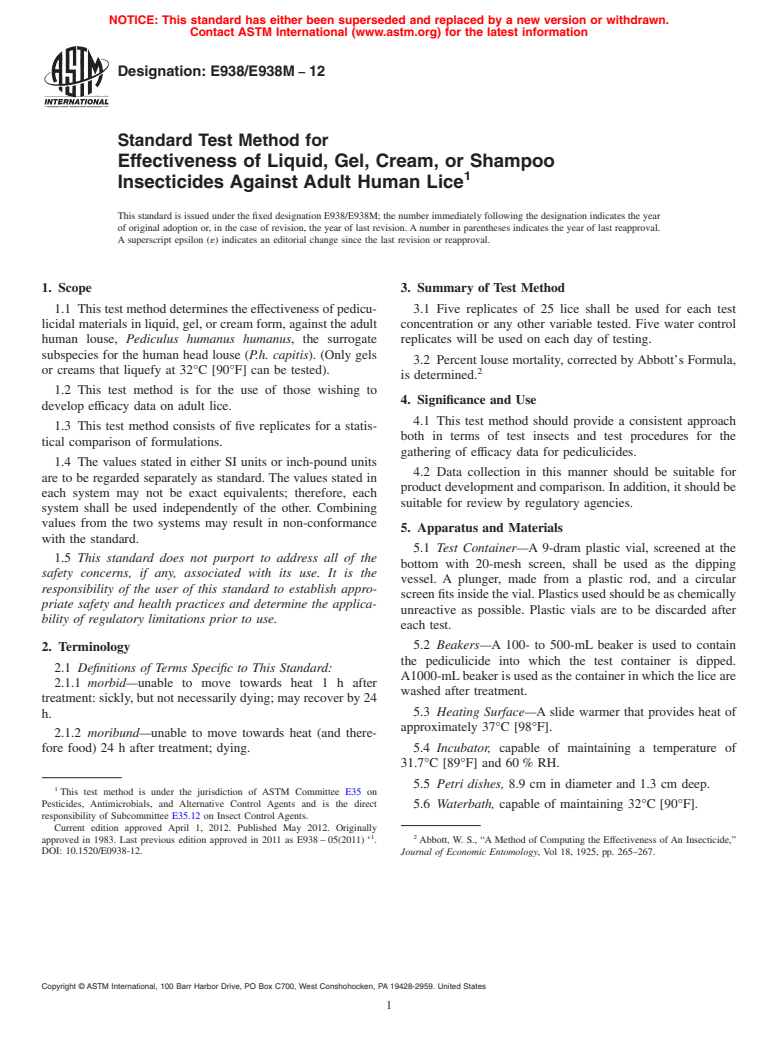 ASTM E938/E938M-12 - Standard Test Method for  Effectiveness of Liquid, Gel, Cream, or Shampoo Insecticides Against Adult Human Lice (Withdrawn 2017)