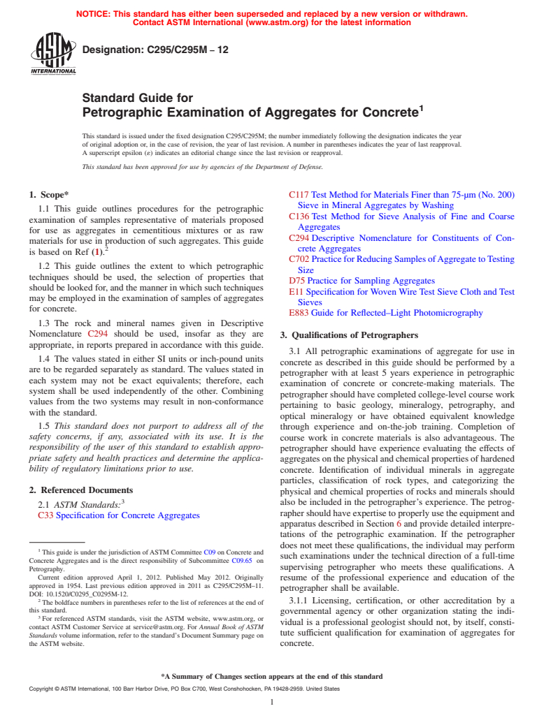 ASTM C295/C295M-12 - Standard Guide for  Petrographic Examination of Aggregates for Concrete