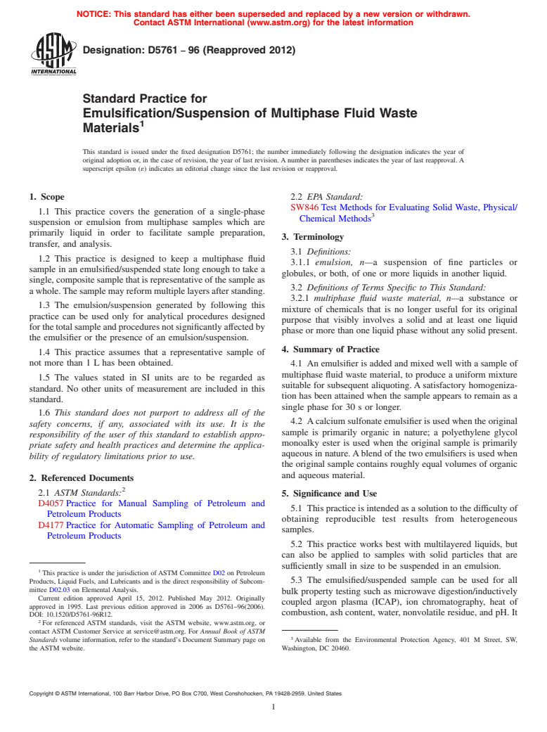 ASTM D5761-96(2012) - Standard Practice for Emulsification/Suspension of Multiphase Fluid Waste Materials