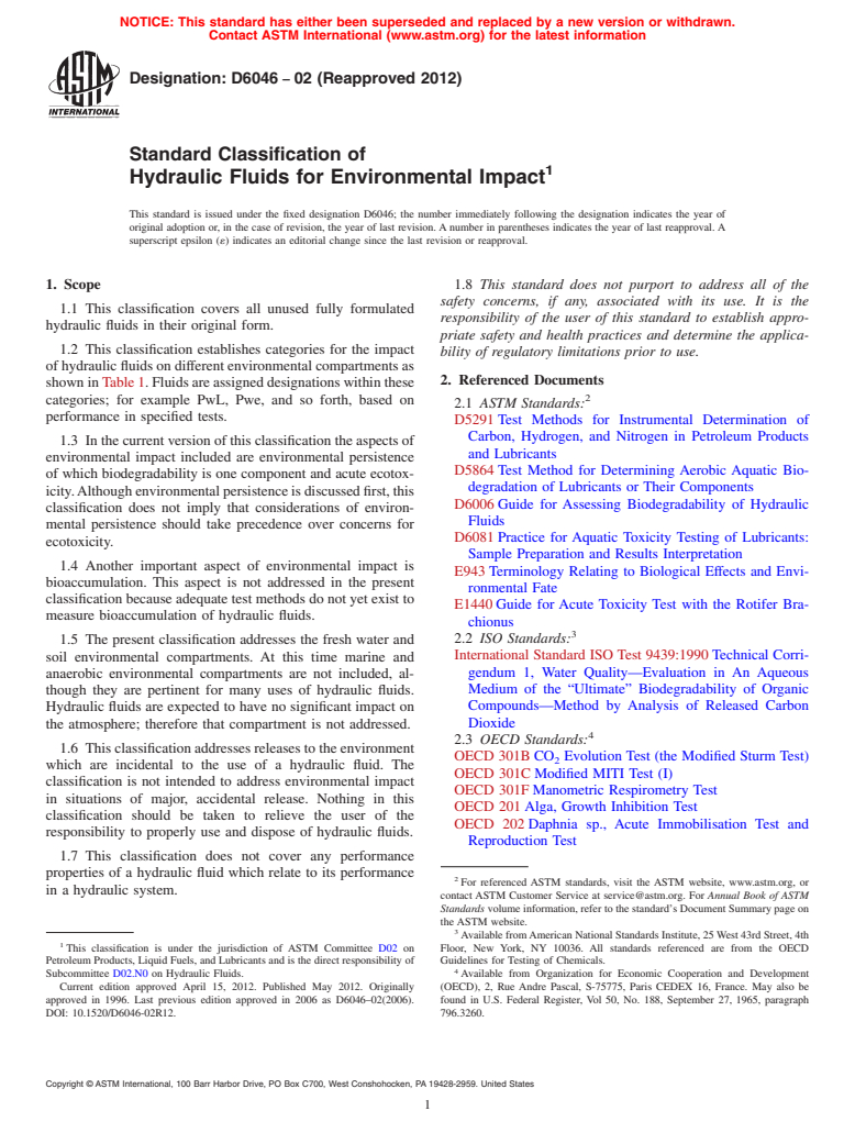 ASTM D6046-02(2012) - Standard Classification of Hydraulic Fluids for Environmental Impact