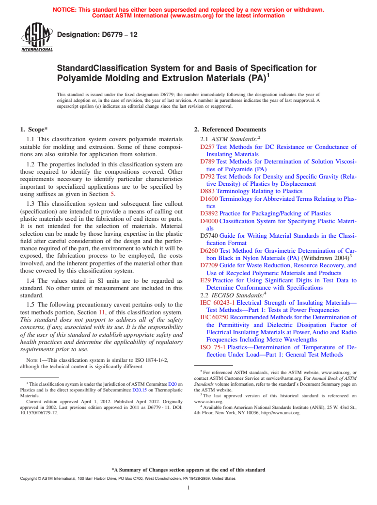 ASTM D6779-12 - Standard Classification System for and Basis of Specification for Polyamide Molding and Extrusion Materials (PA)