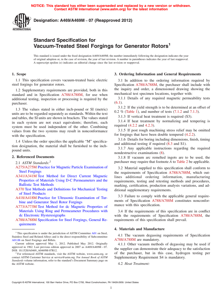 ASTM A469/A469M-07(2012) - Standard Specification for  Vacuum-Treated Steel Forgings for Generator Rotors