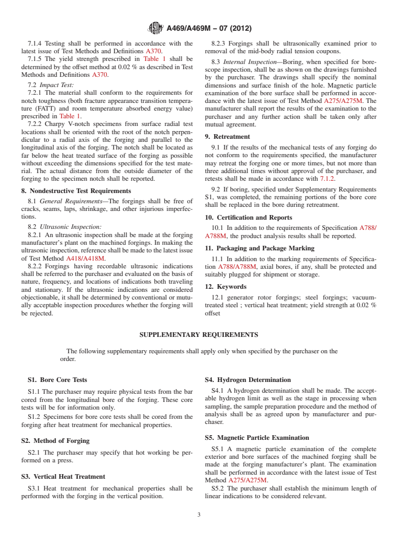 ASTM A469/A469M-07(2012) - Standard Specification for  Vacuum-Treated Steel Forgings for Generator Rotors