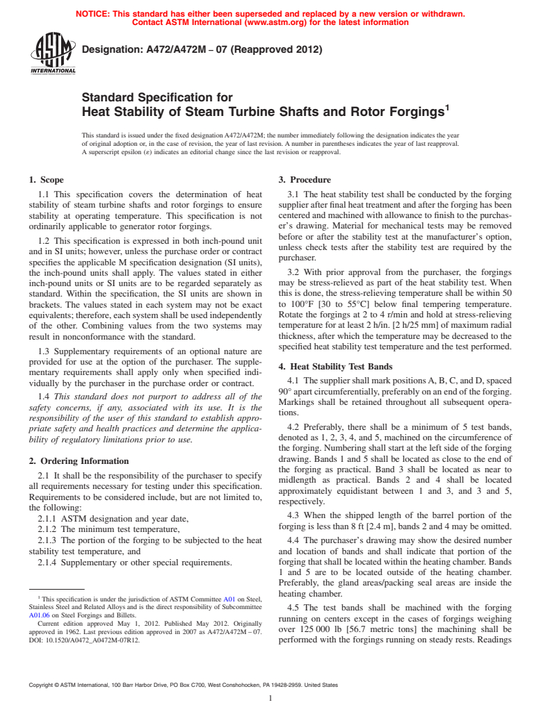 ASTM A472/A472M-07(2012) - Standard Specification for  Heat Stability of Steam Turbine Shafts and Rotor Forgings