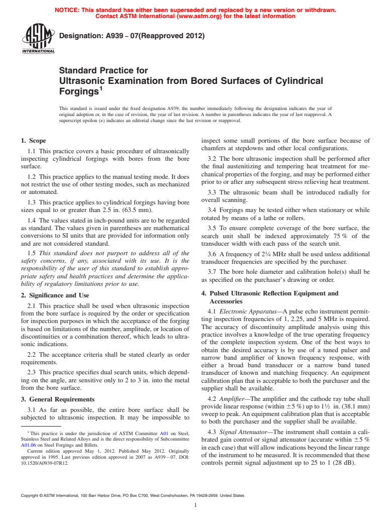 ASTM A939-07(2012) - Standard Practice for  Ultrasonic Examination from Bored Surfaces of Cylindrical Forgings