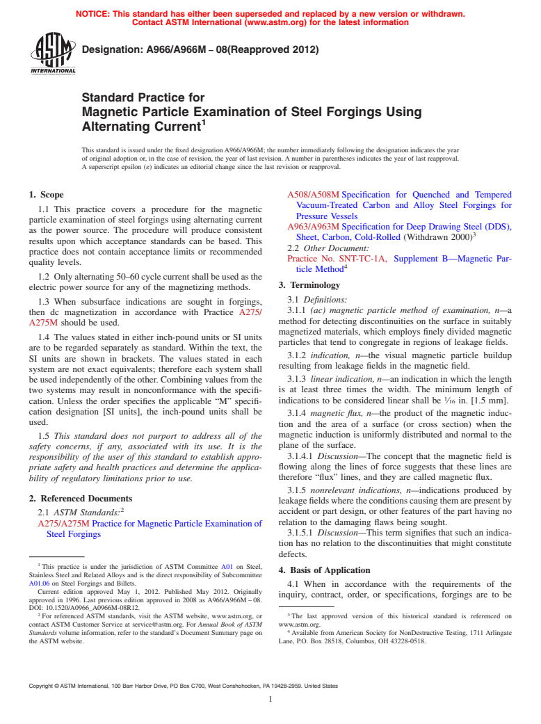 ASTM A966/A966M-08(2012) - Standard Practice for  Magnetic Particle Examination of Steel Forgings Using Alternating Current
