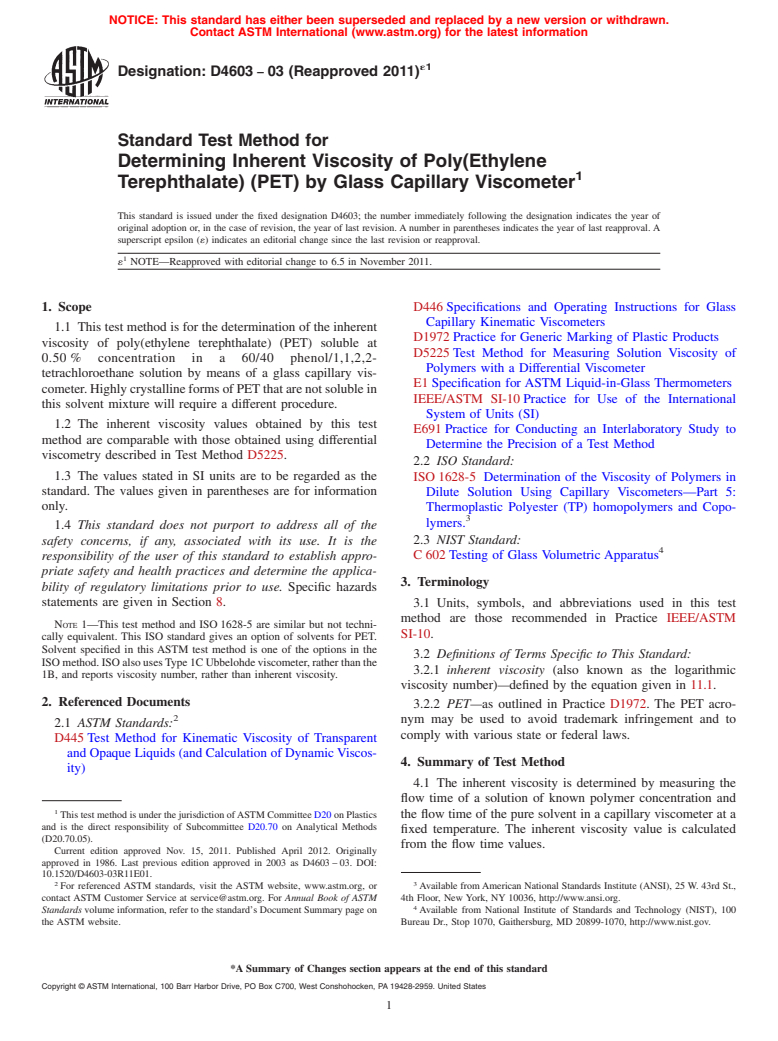 ASTM D4603-03(2011)e1 - Standard Test Method for  Determining Inherent Viscosity of Poly(Ethylene Terephthalate) (PET) by Glass Capillary Viscometer