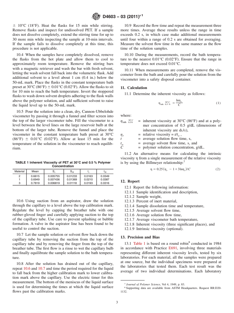 ASTM D4603-03(2011)e1 - Standard Test Method for  Determining Inherent Viscosity of Poly(Ethylene Terephthalate) (PET) by Glass Capillary Viscometer