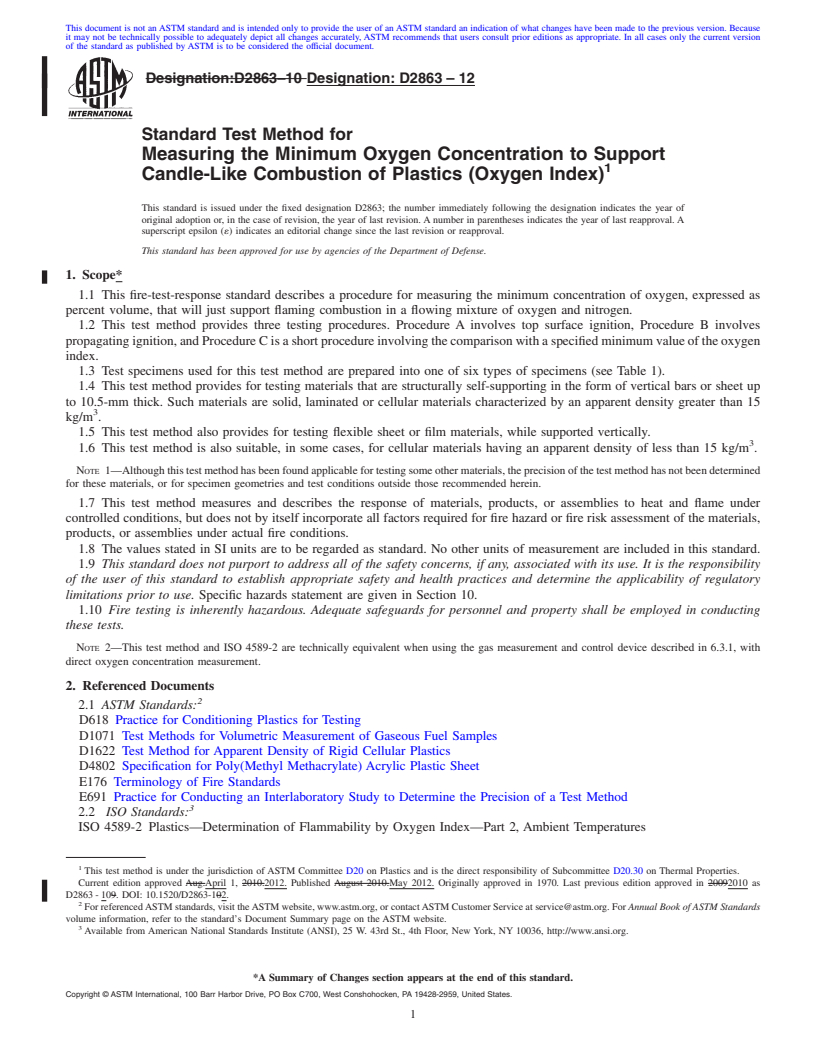 REDLINE ASTM D2863-12 - Standard Test Method for  Measuring the Minimum Oxygen Concentration to Support Candle-Like Combustion of Plastics (Oxygen Index)