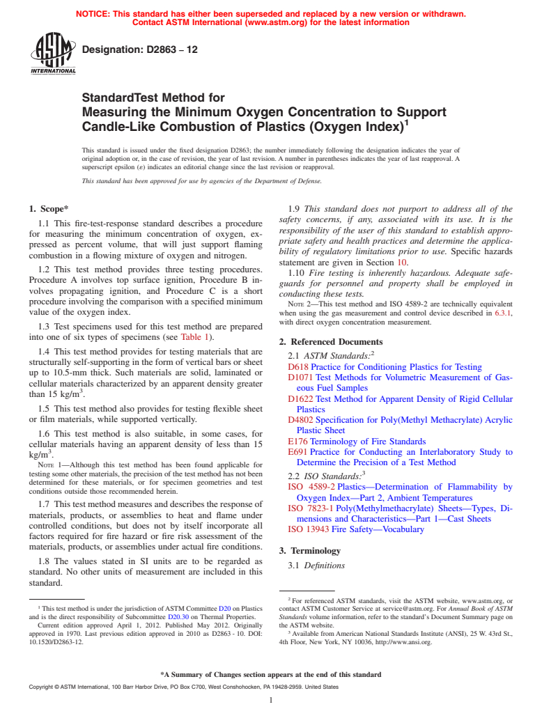 ASTM D2863-12 - Standard Test Method for  Measuring the Minimum Oxygen Concentration to Support Candle-Like Combustion of Plastics (Oxygen Index)