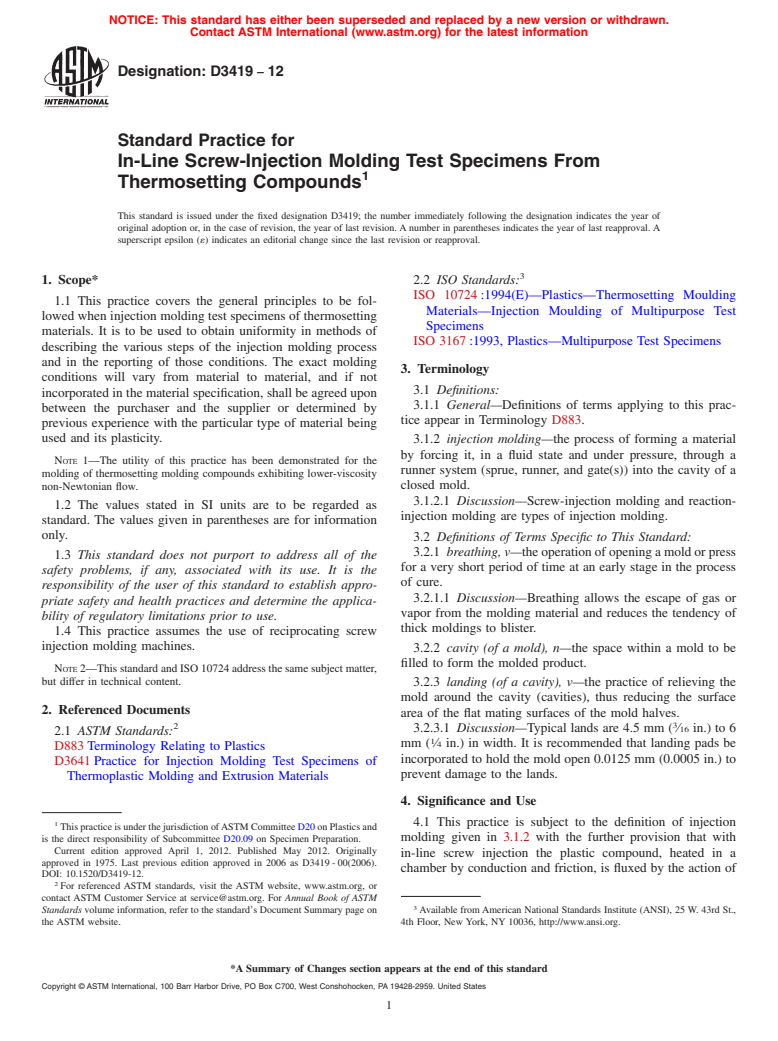 ASTM D3419-12 - Standard Practice for In-Line Screw-Injection Molding Test Specimens From Thermosetting Compounds