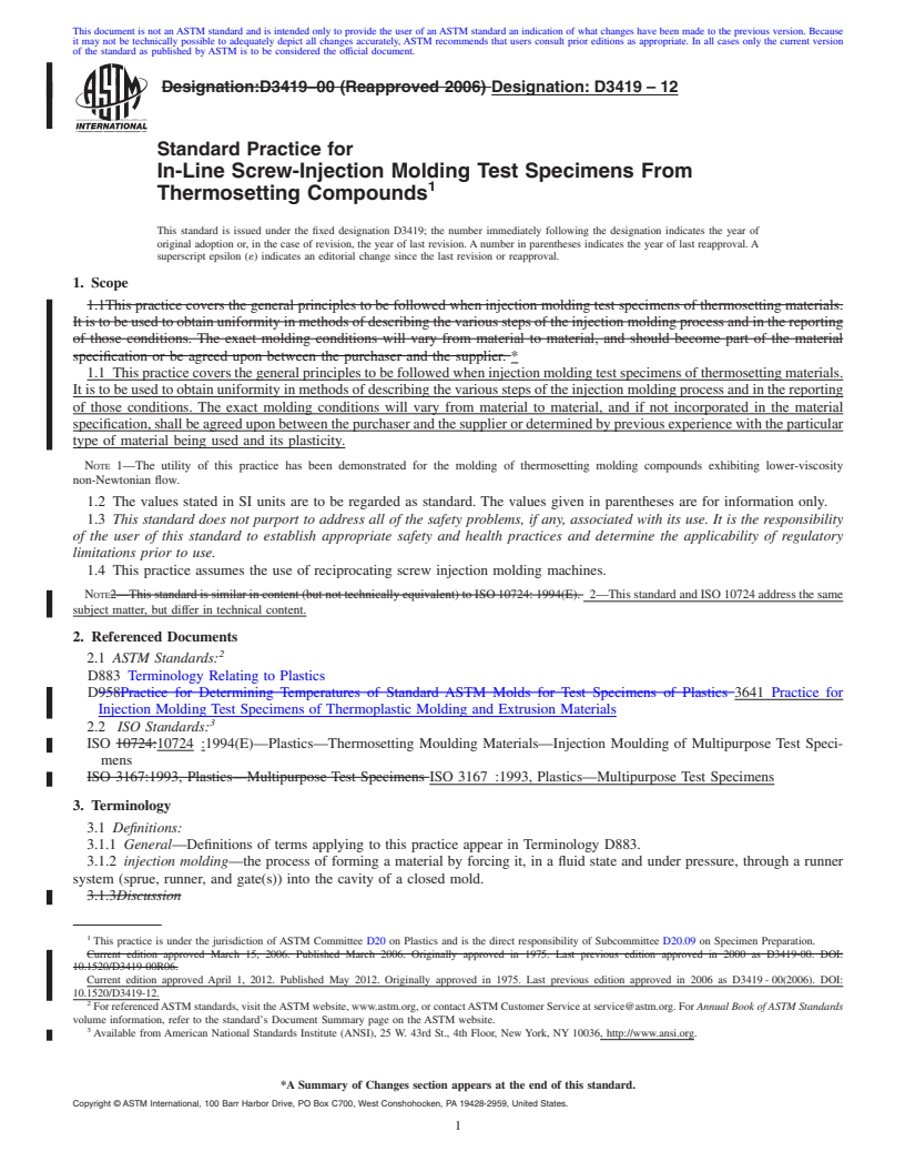 REDLINE ASTM D3419-12 - Standard Practice for In-Line Screw-Injection Molding Test Specimens From Thermosetting Compounds