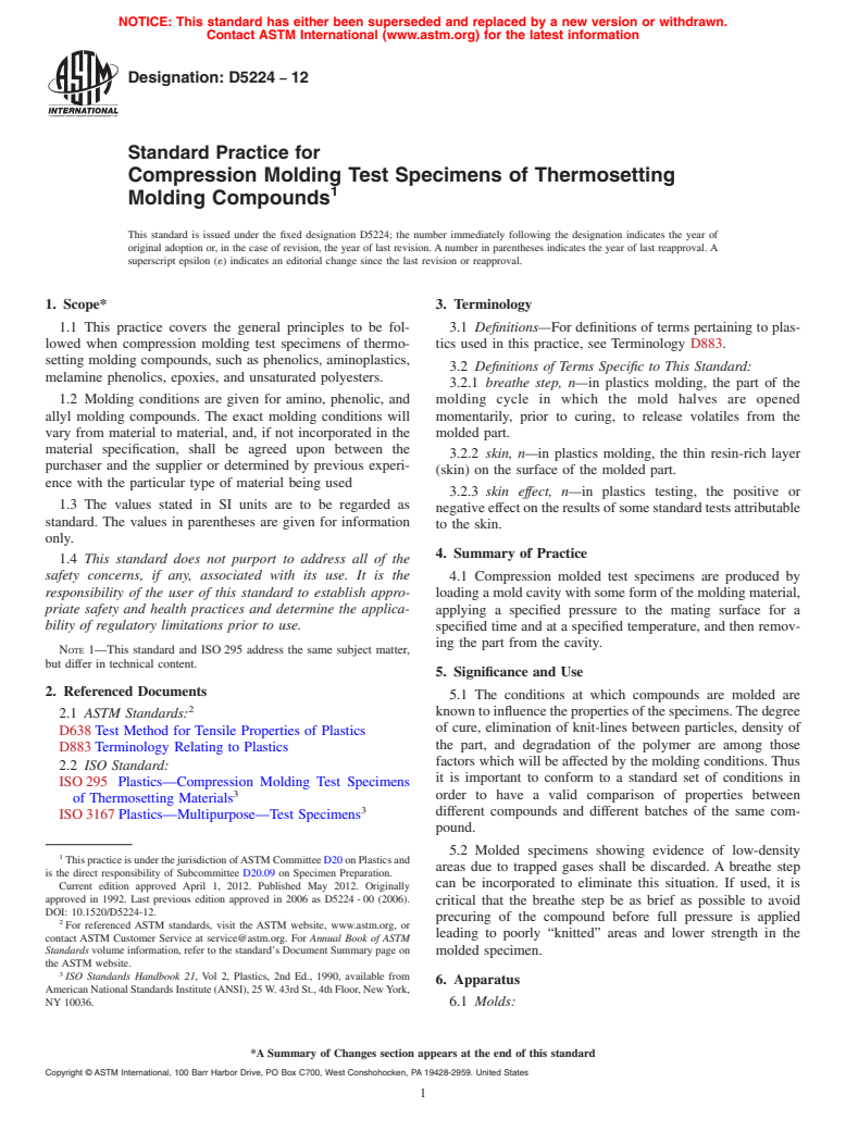 ASTM D5224-12 - Standard Practice for Compression Molding Test Specimens of Thermosetting Molding Compounds