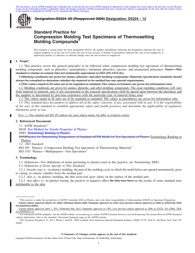 REDLINE ASTM D5224-12 - Standard Practice for Compression Molding Test Specimens of Thermosetting Molding Compounds