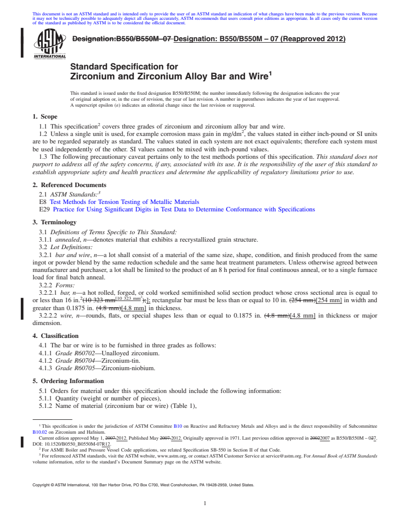 REDLINE ASTM B550/B550M-07(2012) - Standard Specification for Zirconium and Zirconium Alloy Bar and Wire