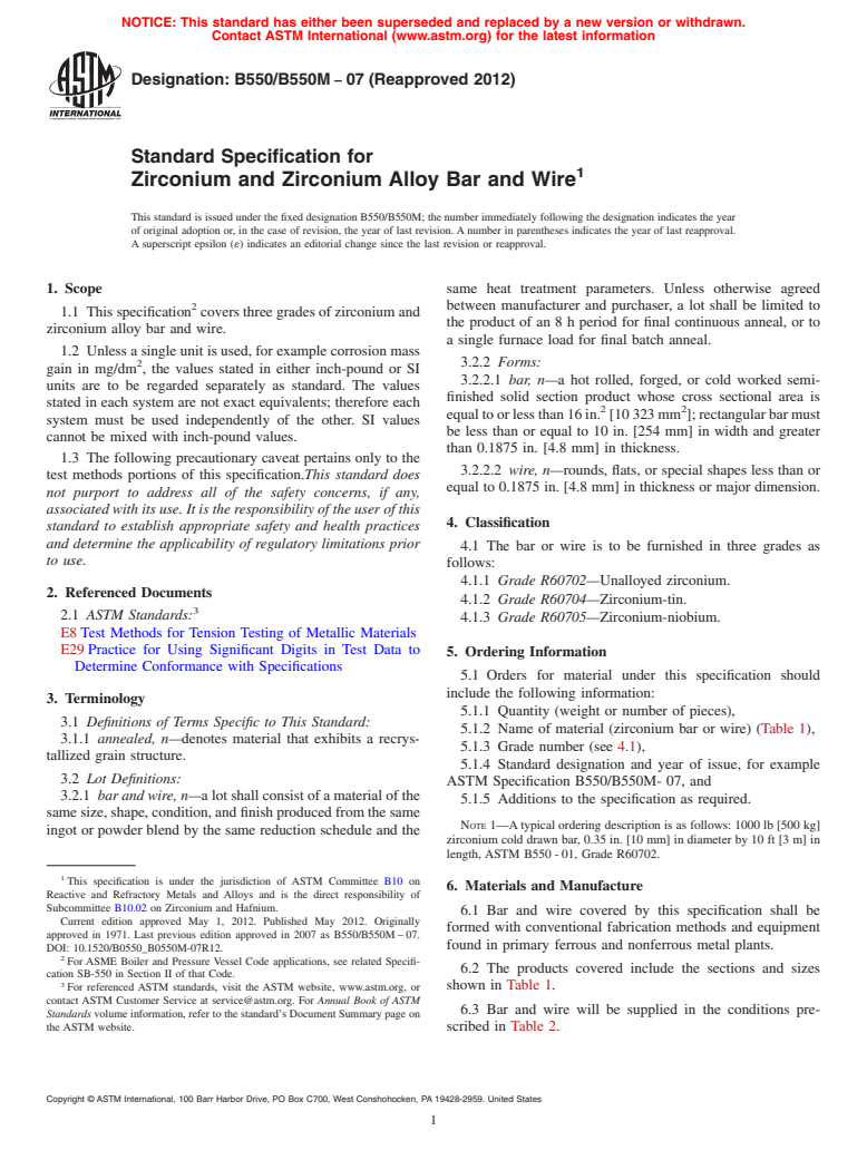 ASTM B550/B550M-07(2012) - Standard Specification for Zirconium and Zirconium Alloy Bar and Wire