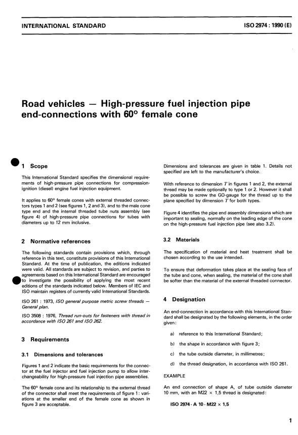 ISO 2974:1990 - Road vehicles -- High-pressure fuel injection pipe end-connections with 60 degree female cone