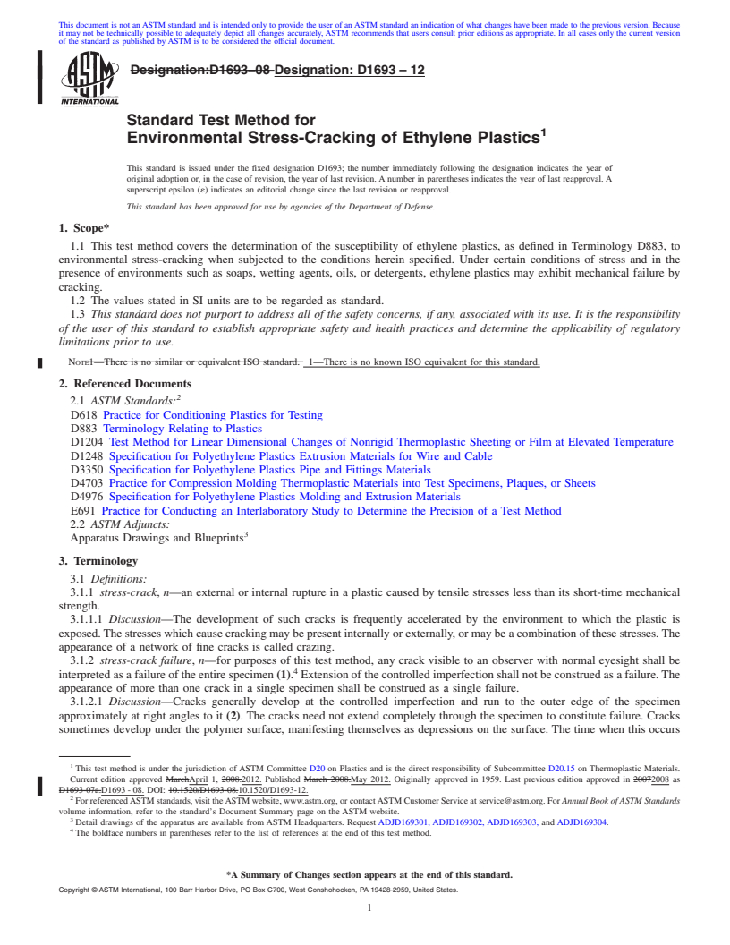 REDLINE ASTM D1693-12 - Standard Test Method for  Environmental Stress-Cracking of Ethylene Plastics