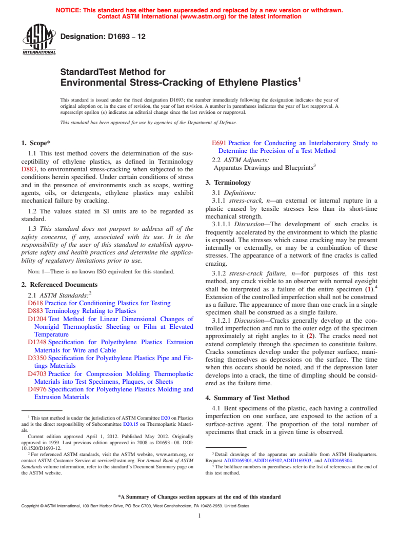 ASTM D1693-12 - Standard Test Method for  Environmental Stress-Cracking of Ethylene Plastics