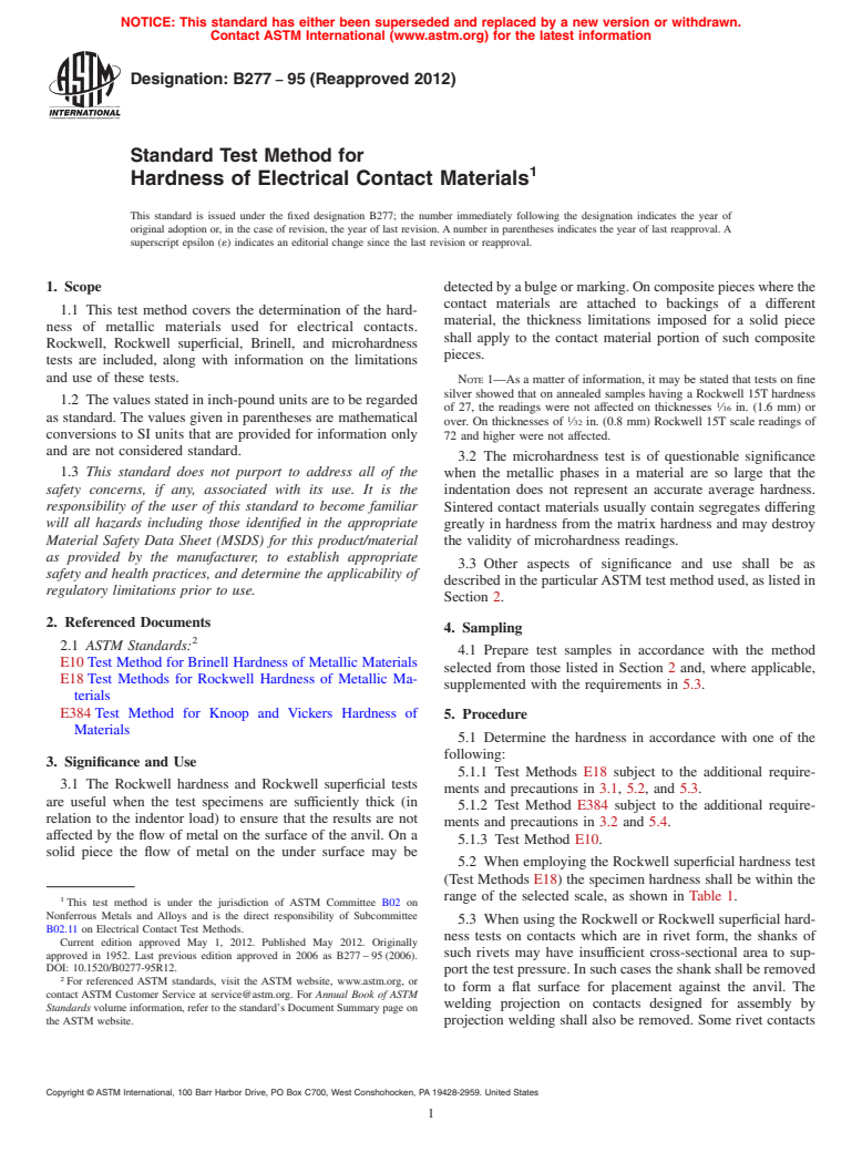 ASTM B277-95(2012) - Standard Test Method for  Hardness of Electrical Contact Materials