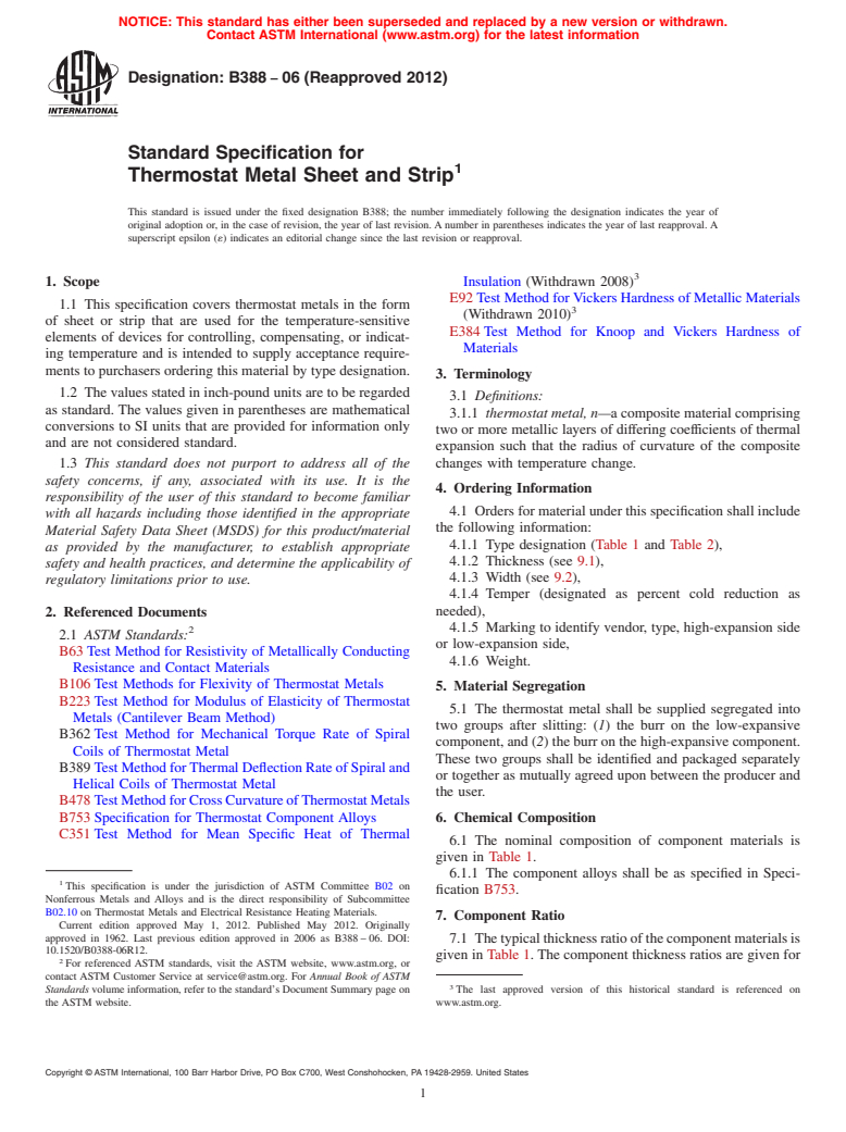 ASTM B388-06(2012) - Standard Specification for Thermostat Metal Sheet and Strip