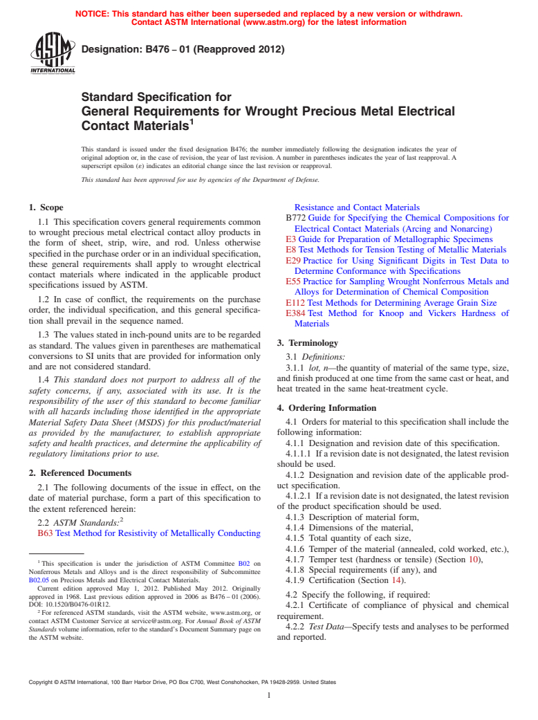 ASTM B476-01(2012) - Standard Specification for  General Requirements for Wrought Precious Metal Electrical Contact  Materials