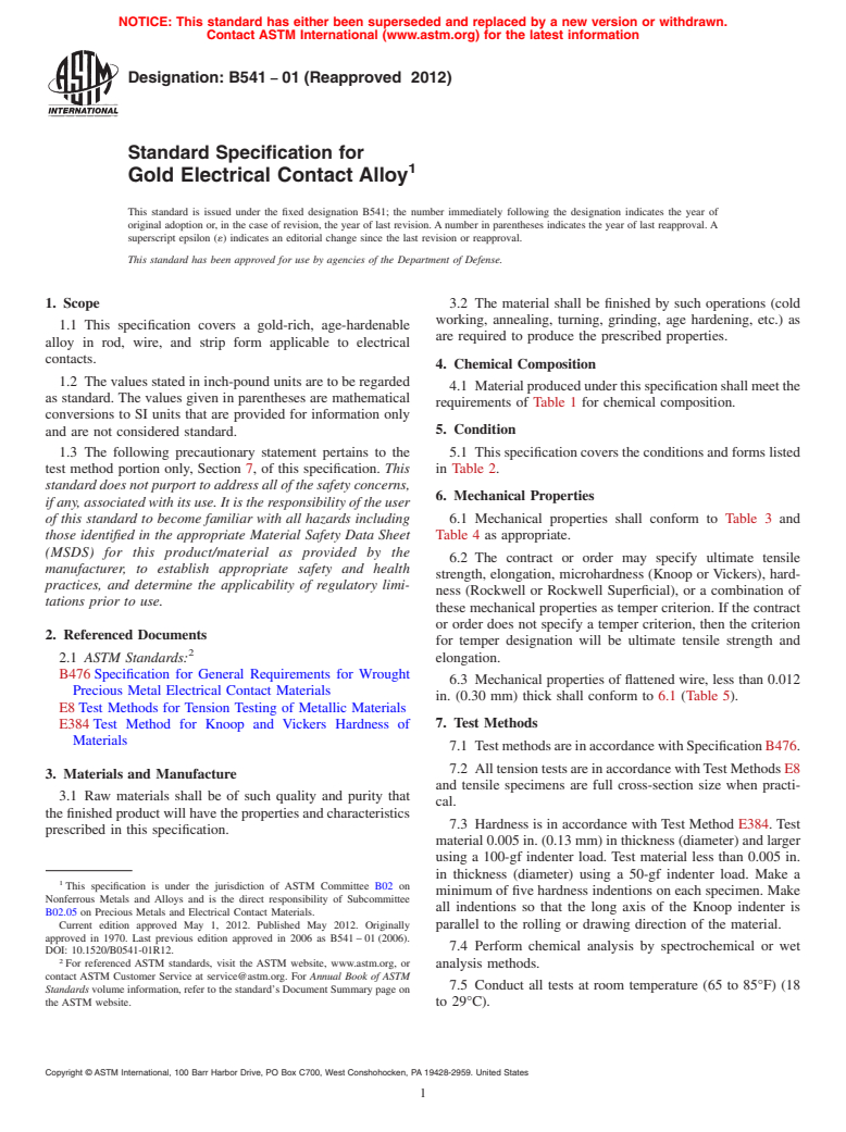 ASTM B541-01(2012) - Standard Specification for  Gold Electrical Contact Alloy