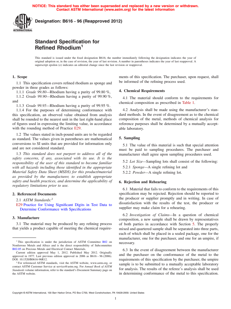 ASTM B616-96(2012) - Standard Specification for  Refined Rhodium