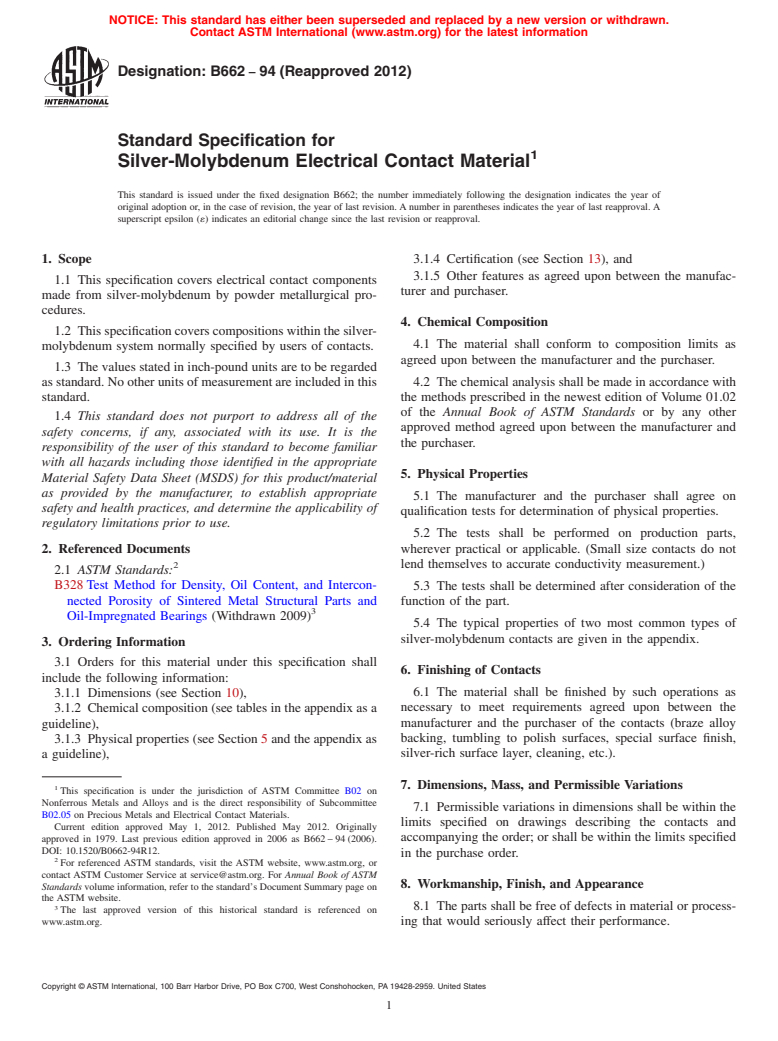 ASTM B662-94(2012) - Standard Specification for  Silver-Molybdenum Electrical Contact Material