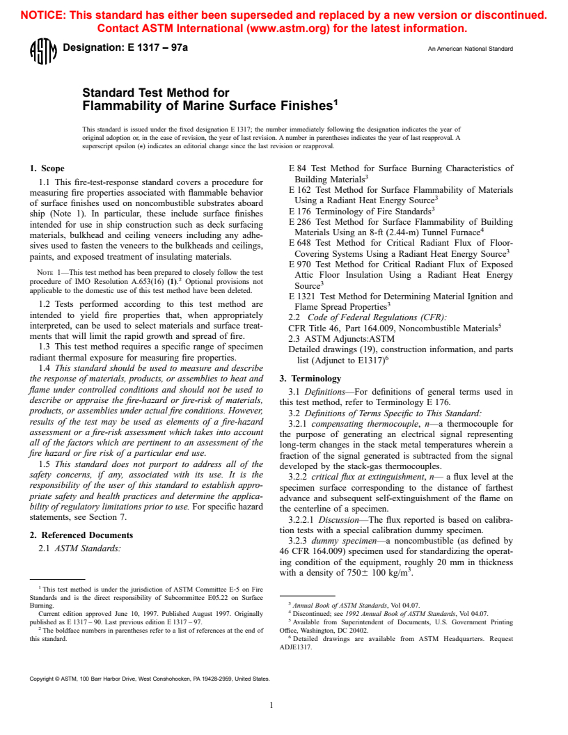 ASTM E1317-97a - Standard Test Method for Flammability of Marine Surface Finishes