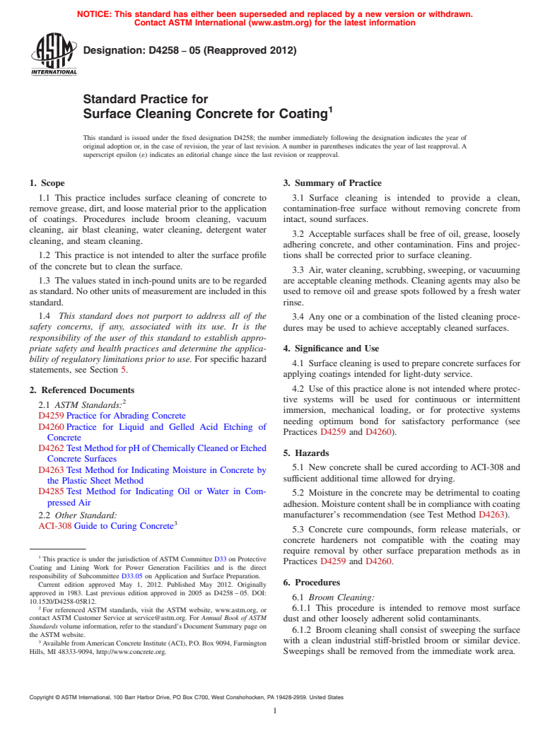 ASTM D4258-05(2012) - Standard Practice for  Surface Cleaning Concrete for Coating