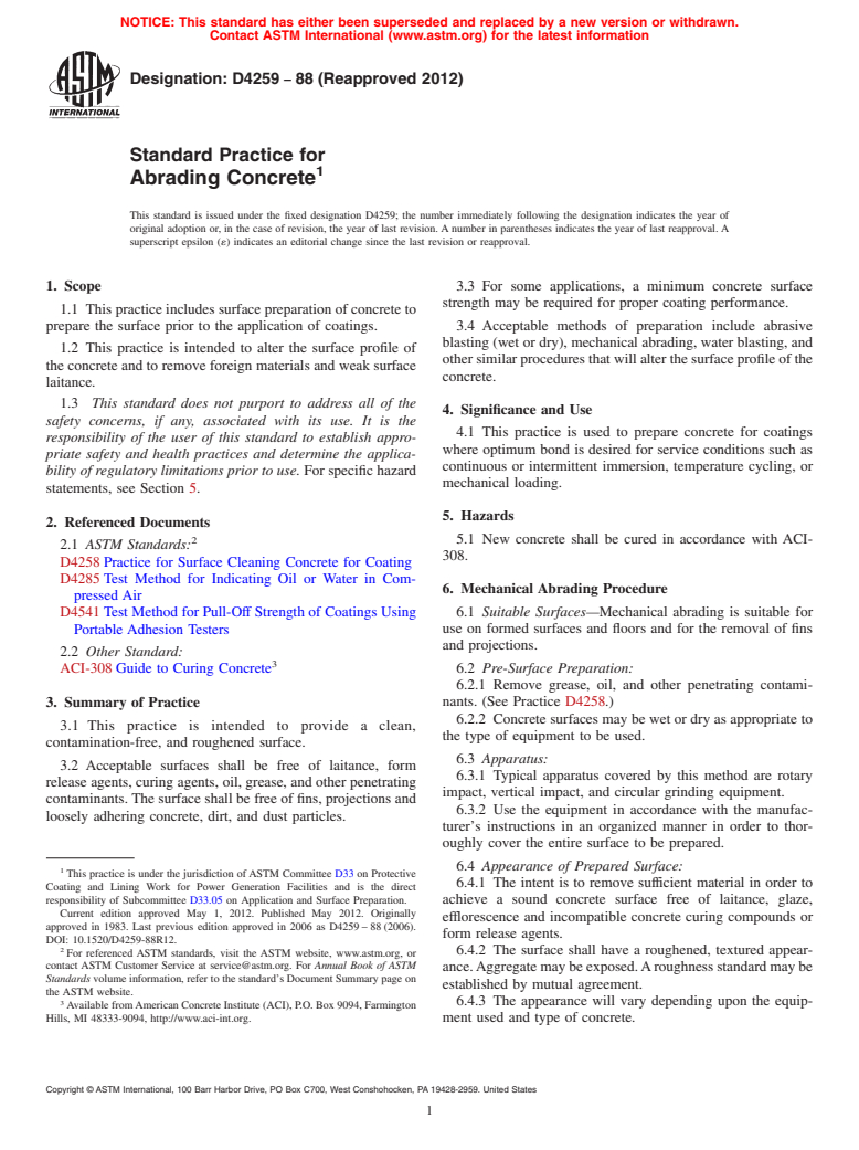 ASTM D4259-88(2012) - Standard Practice for  Abrading Concrete