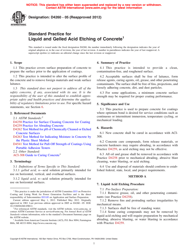 ASTM D4260-05(2012) - Standard Practice for  Liquid and Gelled Acid Etching of Concrete